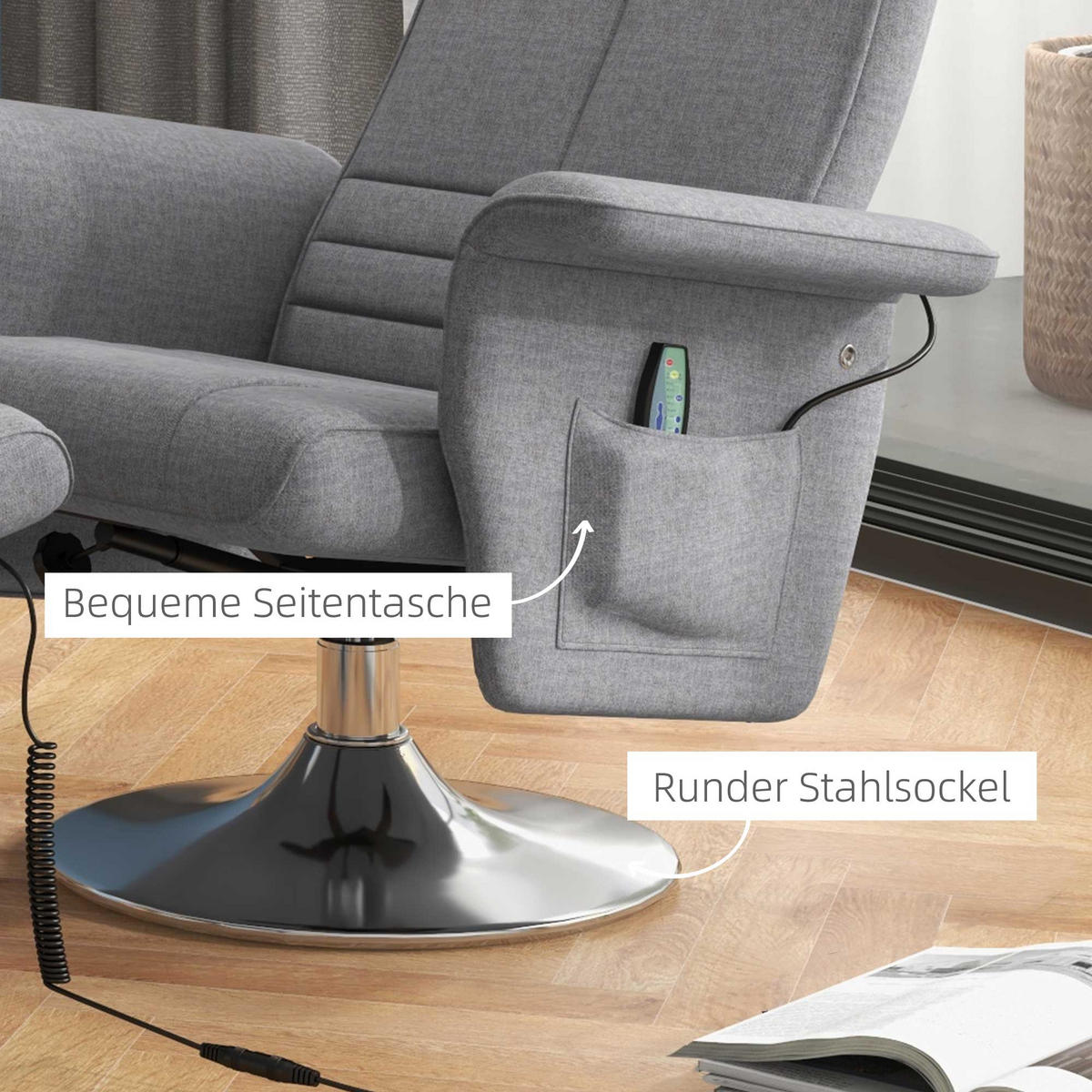 MASSAGESESSEL mit Fußhocker, Elektrischer Relaxsessel mit Liegefunktion Stahl - Dunkelgrau, Kunststoff (95/88/78cm) - HOMCOM