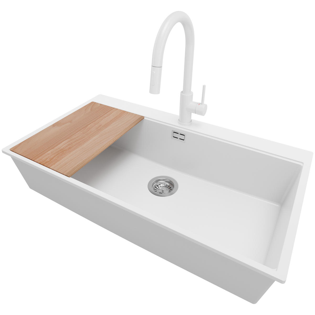 GRANITSPÜLE Oslo, 2-er set Weiß 88/50 cm 1 Becken + Küchenarmatur 40/20 cm + Ablauf-Set + Schneidebrett ab 90er Unterschrank - Chromfarben/Beige, Kunststoff (88/20/50cm) - Primagran