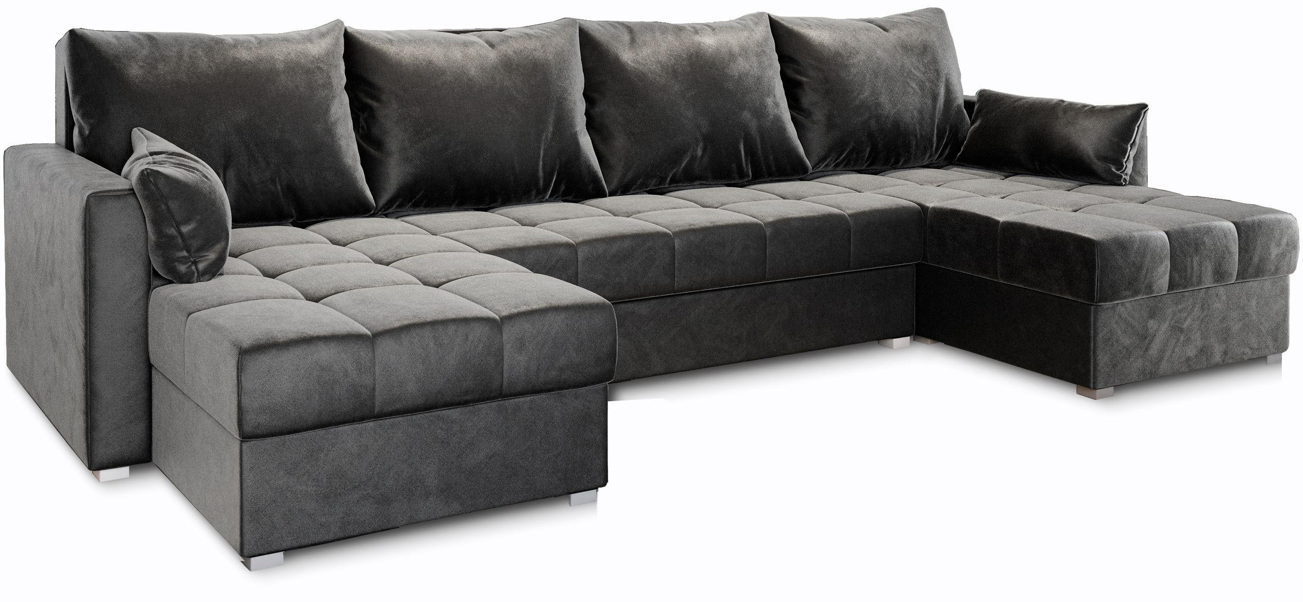 WOHNLANDSCHAFT NAKO Grau Plüsch-Stoff mit Schlaffunktion - Grau, Holz (285/85/140cm) - MASSENO