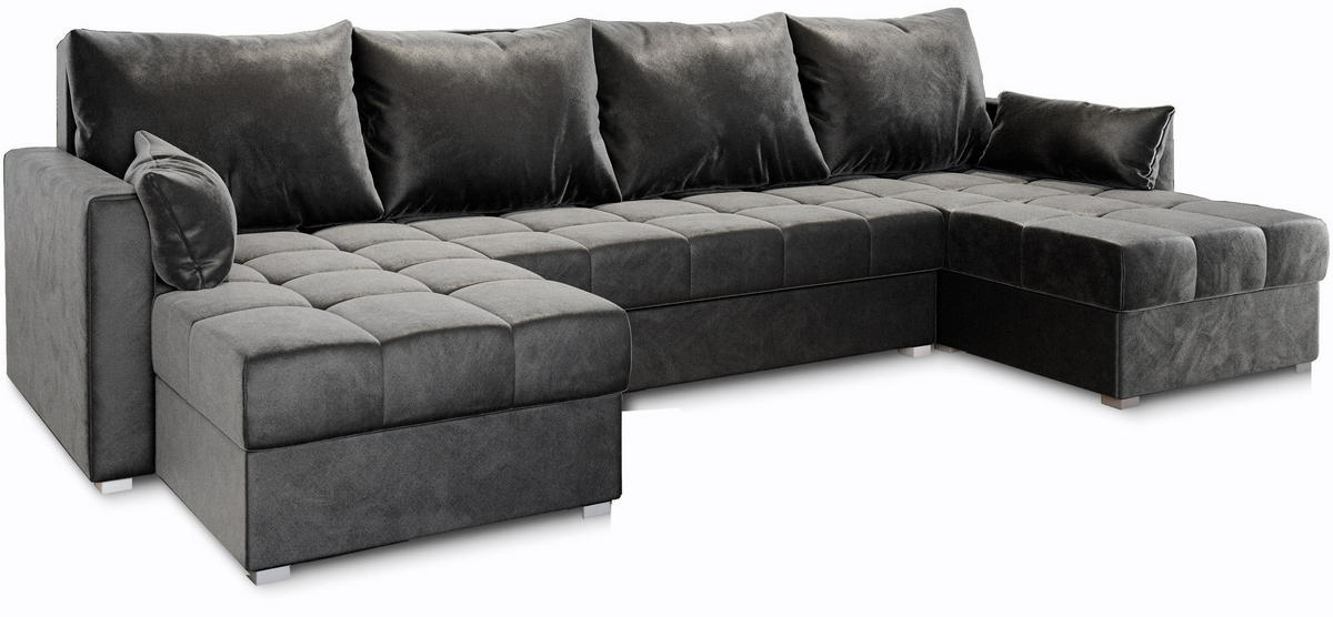 WOHNLANDSCHAFT NAKO Grau Plüsch-Stoff mit Schlaffunktion - Grau, Holz (285/85/140cm) - MASSENO