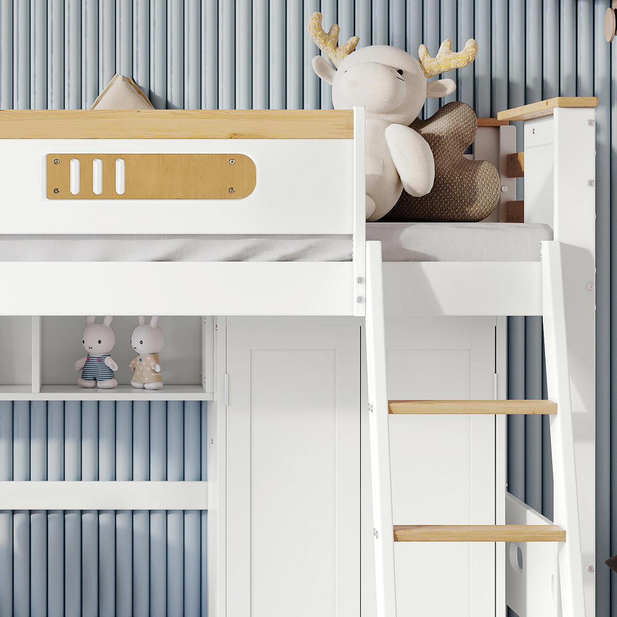 HOCHBETT 90x200 cm mit Tisch, Kleiderschrank, Leiter, Weiß - Weiß, Holz (90/200cm)