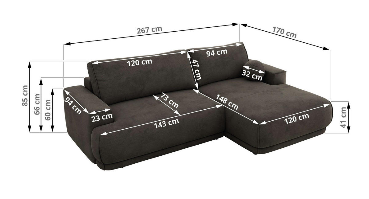 ECKSCHLAFSOFA RINA L Dunkelgrau Velvet - rechts - Dunkelgrau/Schwarz, Kunststoff/Textil (170/267cm) - MKS
