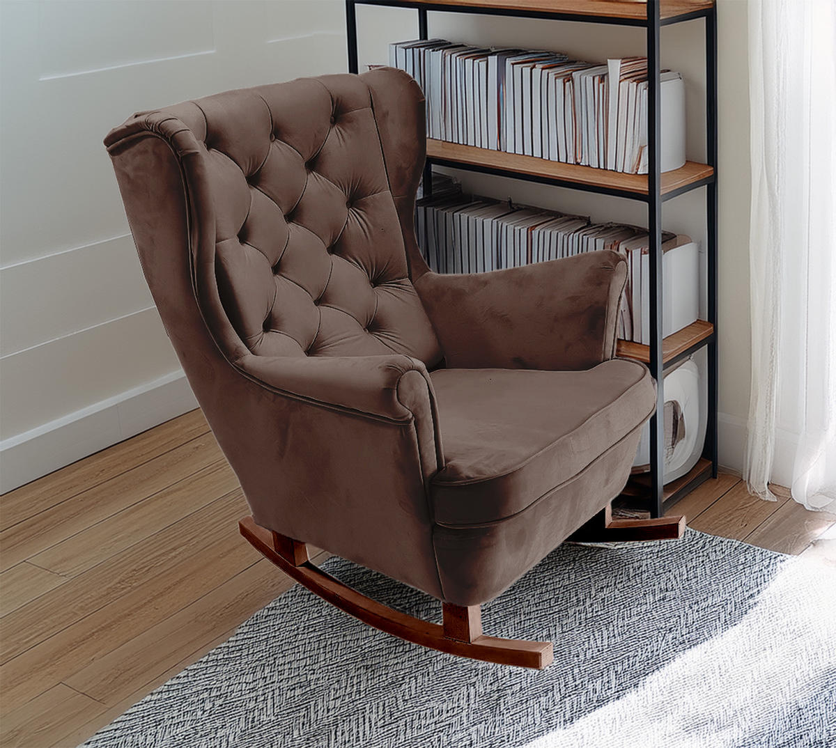 SCHAUKELSESSEL mit gepolstertem Sitz und Armlehnen, 102x81x95 cm, Braun_29815 - Dunkelbraun/Braun, Holz/Textil (81/102/95cm) - DomoHome