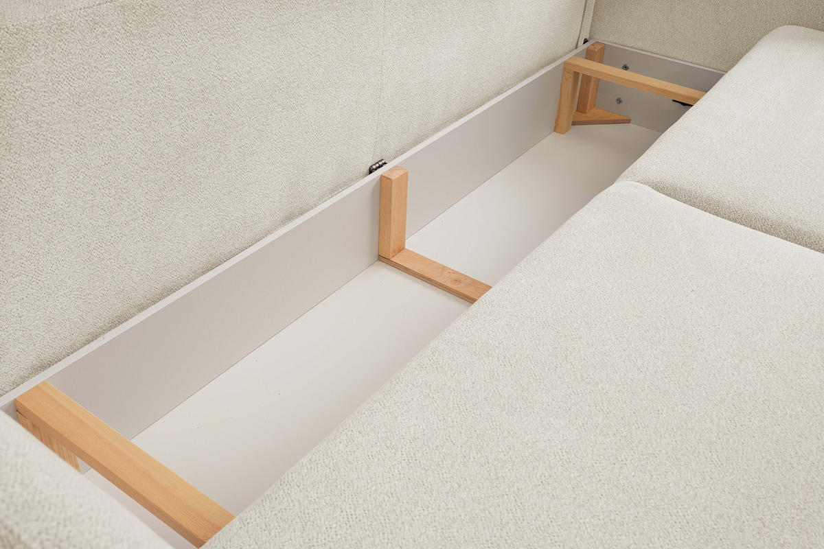 SOFA LOOP Schlaffunktion & Bettkasten PUR-Schaum Schwarze Kunststofffüße skandinavischer Stil lose Rückenkissen freistehend 234x112x86 cm White - Weiß, Holz/Textil (234/86/112cm) - DomoHome