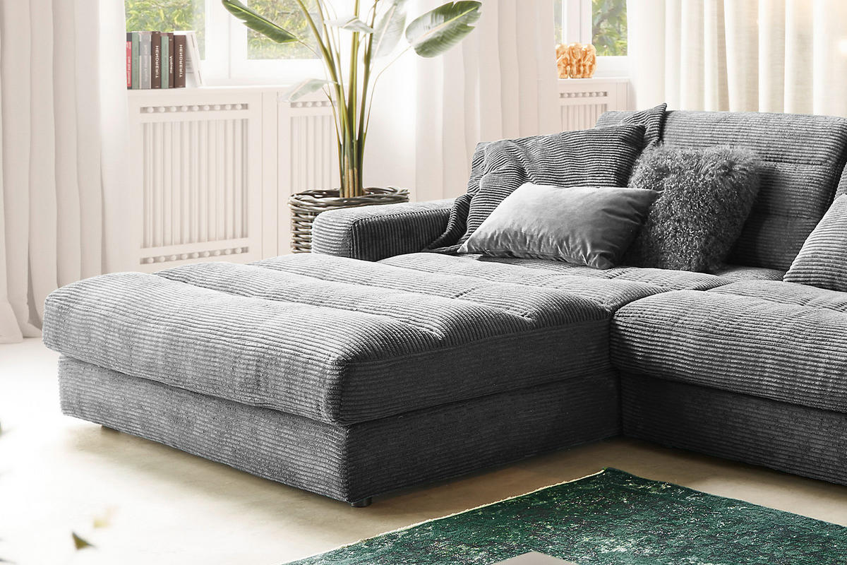 ECKSOFA XL LANA Grau Cord - Schwarz/Grau, Textil (416/205cm) - KAWOLA