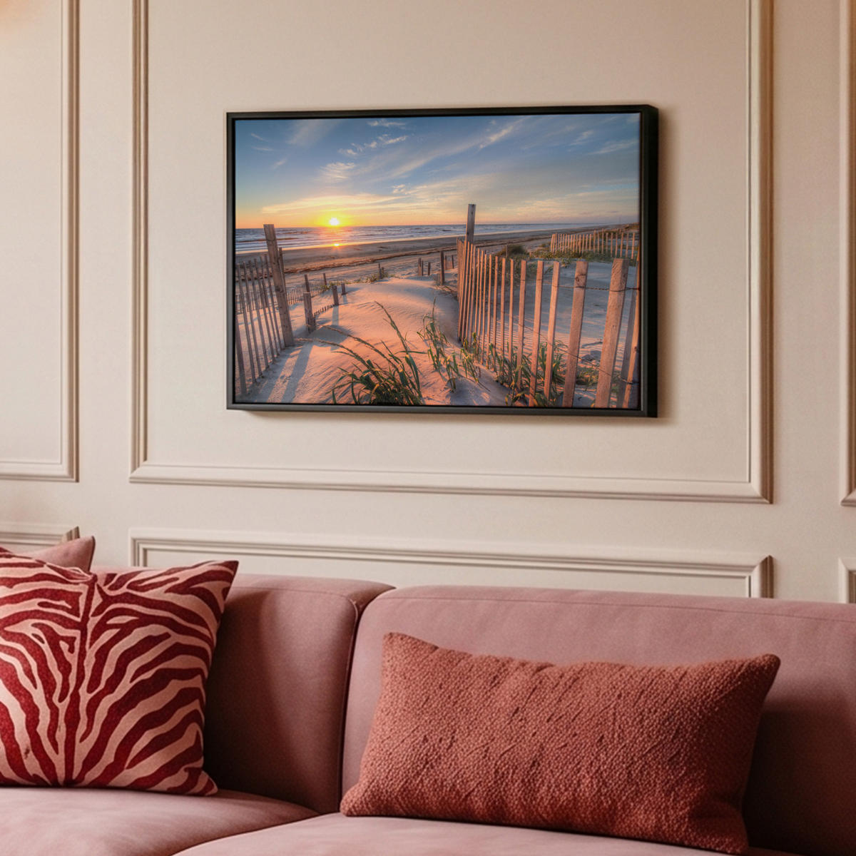 LEINWAND Bilder mit Rahmen - Strand - Meer - Düne - Sonnenuntergang - Landschaft - 60x40 - Beige, Textil (60/40cm) - MuchoWow