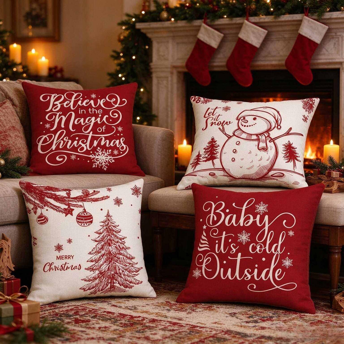 KISSENBEZUG – Weihnachtskissenbezug (Kissenfüllung nicht enthalten) – 45 x 45 cm – Multicolor(vier Stück) - Multicolor, Textil (45/45cm)
