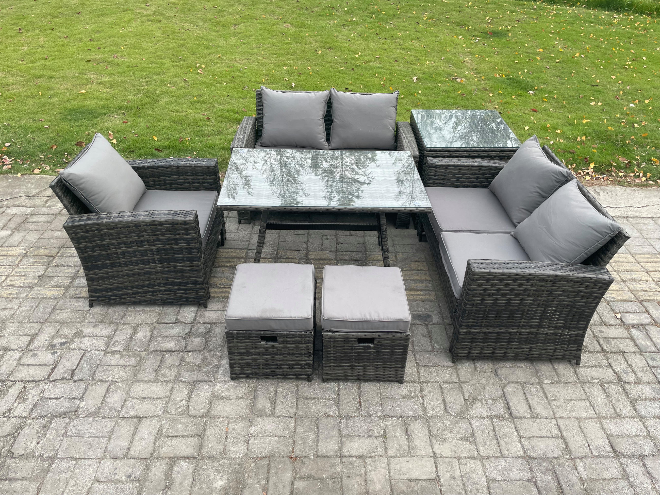 GARTENMÖBELSET mit ESSTISCH,HOCHLEHNER-SOFA Polyrattan Dunkelgrauer Mix 7-Sitzer - Dunkelgrau/Grau, Glas/Kunststoff - Fimous