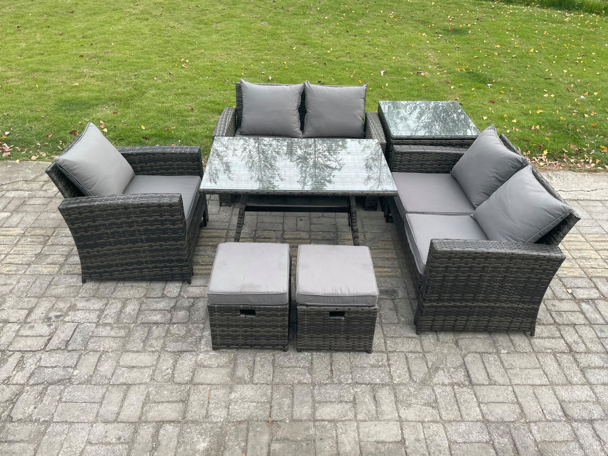 GARTENMÖBELSET mit ESSTISCH,HOCHLEHNER-SOFA Polyrattan Dunkelgrauer Mix 7-Sitzer - Dunkelgrau/Grau, Glas/Kunststoff - Fimous