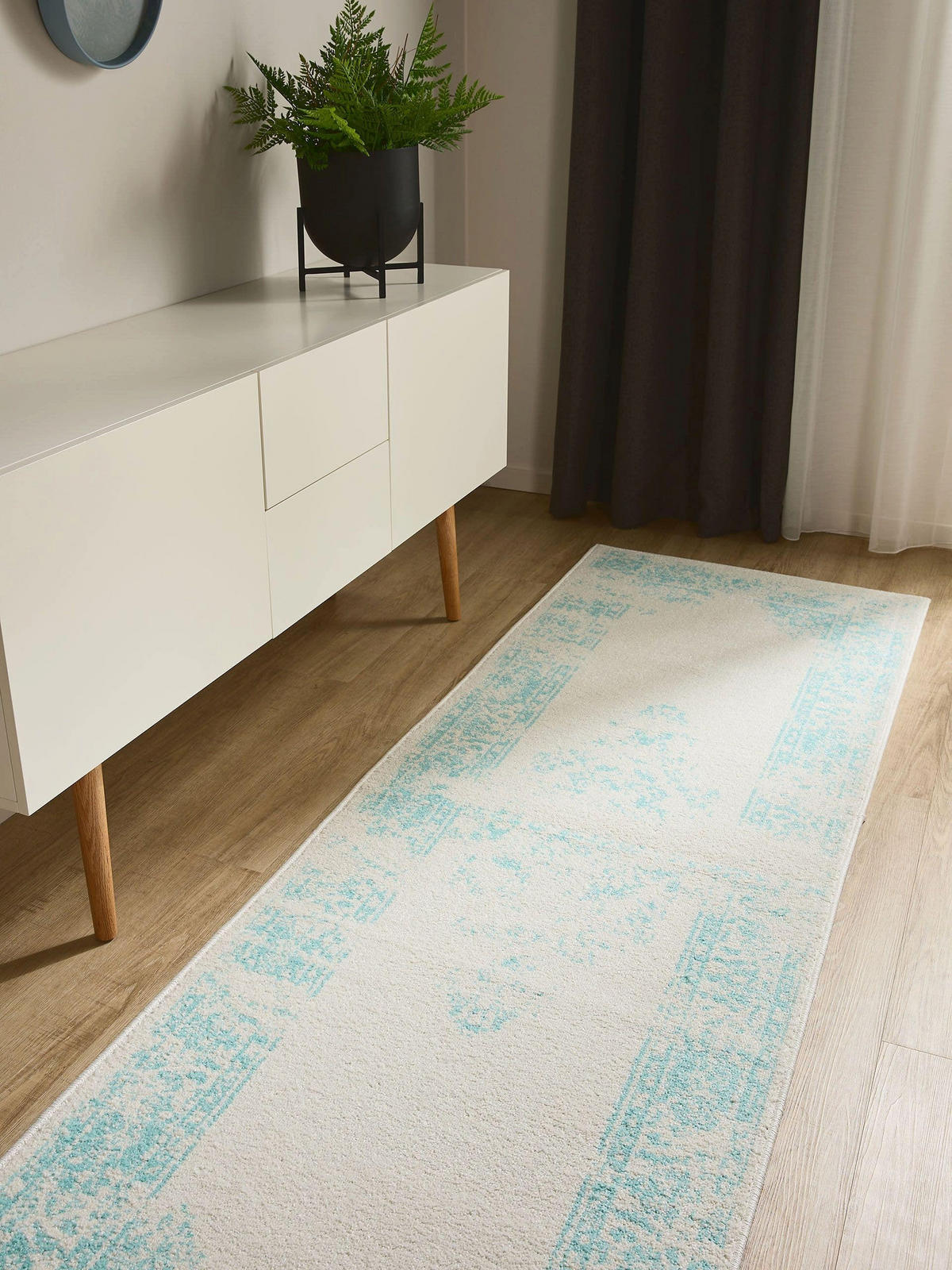VINTAGE-LÄUFER Sia 80/240 cm - Türkis/Creme, Kunststoff (80/240cm) - benuta