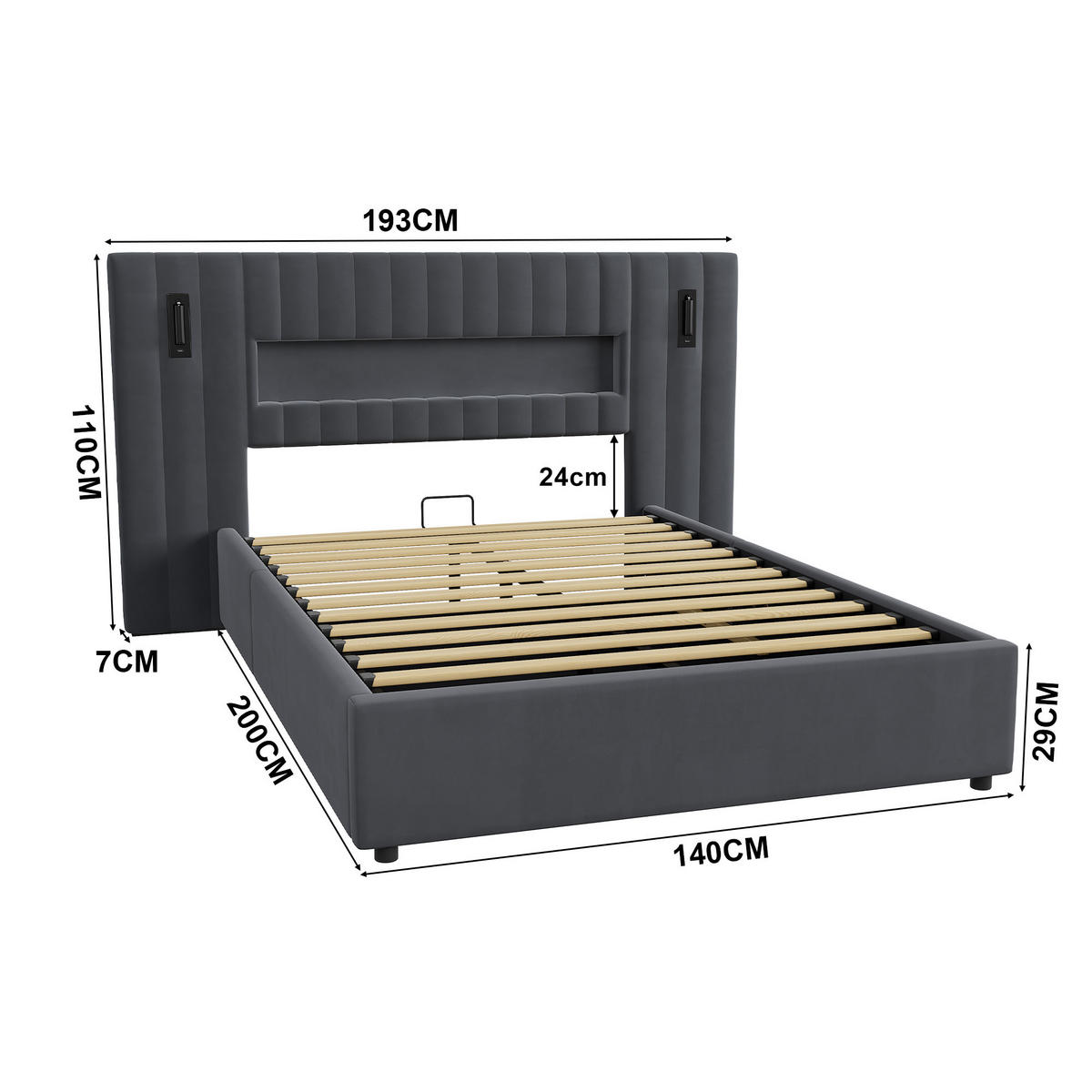 ČALOUNĚNÁ postel 140/200 cm tmavě šedá ze sametu s hydraulickým úložným prostorem, LED čtecími lampami a USB konektory - tmavě šedá, textil (140/200cm) - OKWISH