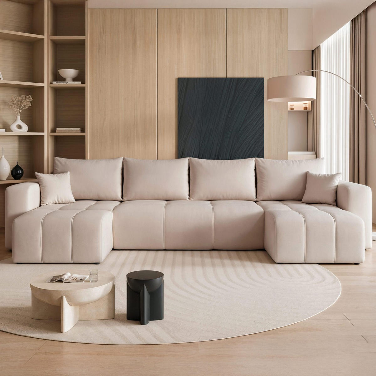 WOHNLANDSCHAFT U-Form Velours mit Bettkasten und Schlaffunktion - Beige, Holzwerkstoff/Textil (318/79/145cm) - Idohome