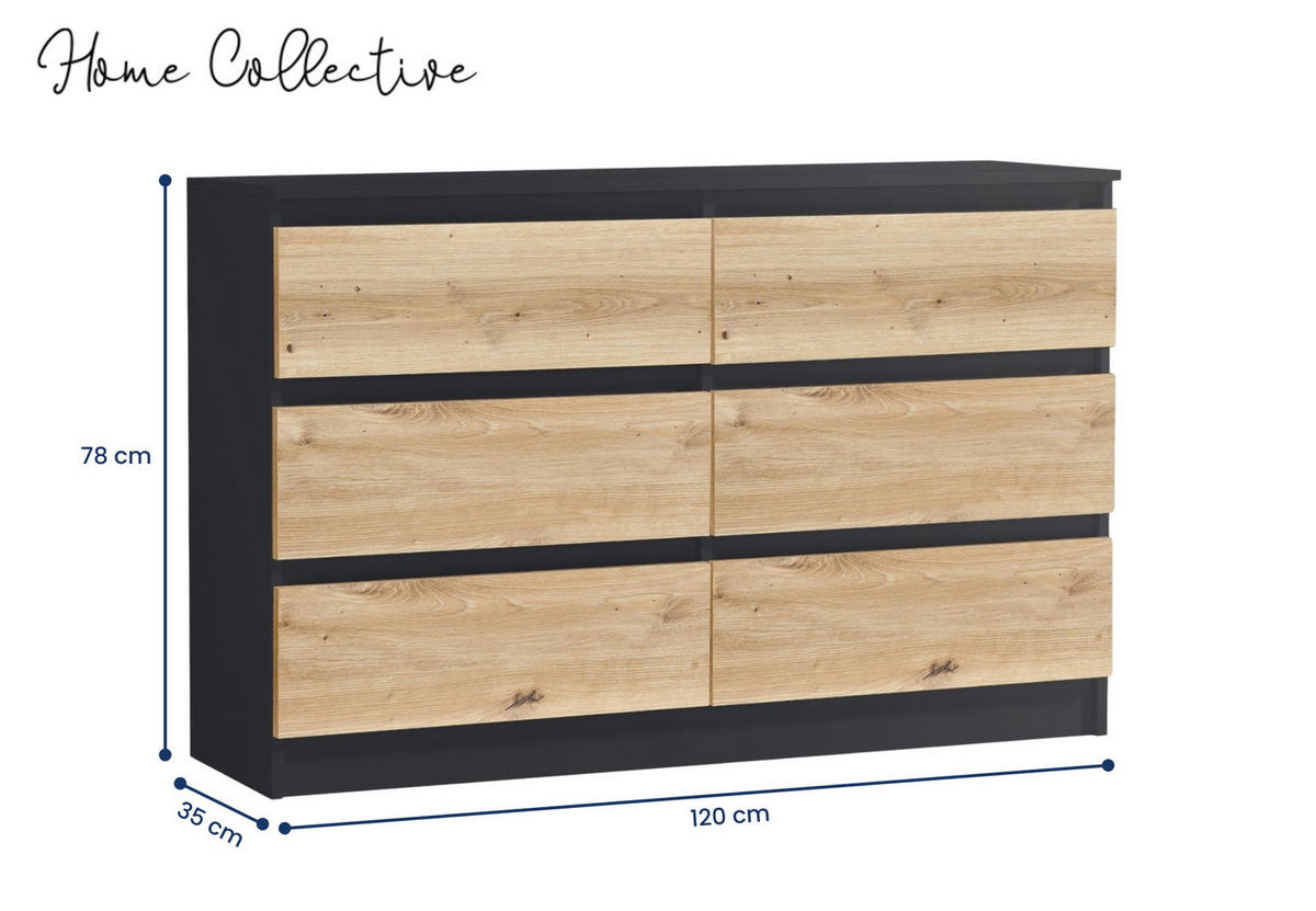 KOMMODE mit 6 Schubladen 120 cm breit in anthrazit-eiche - Eichefarben/Anthrazit, Holzwerkstoff (120/78/35cm) - Home Collective
