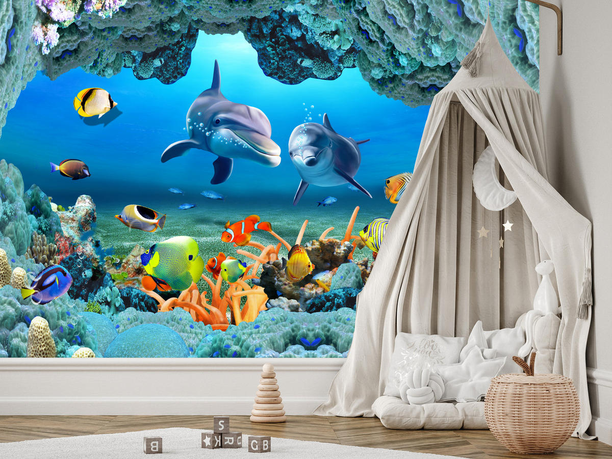 FOTOTAPETE für Badezimmer Unterwasser Korallenriff Delfin Fisch 350x256 - Türkis/Gelb, Papier (350/256cm) - Muralo