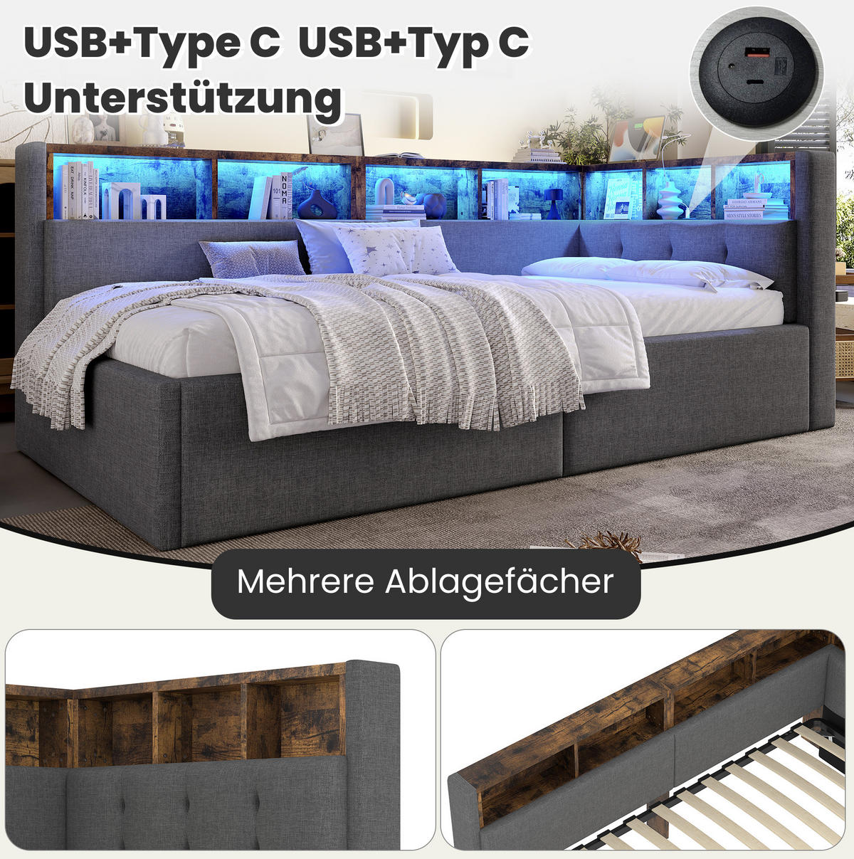 KOMFORT-POLSTERBETT 90/200 cm mit Bettkasten, LED-Beleuchtung und USB - Grau, Textil (90/200cm) - BEAOK