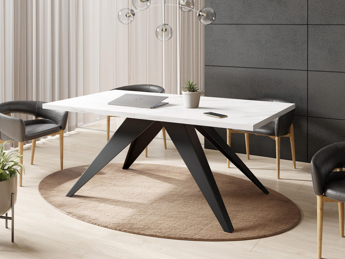 ESSTISCH Vance rechteckig ausziehbar, Marmor Weiß 160-260/90/76 cm - Ecru/Schwarz, Holzwerkstoff/Metall (160/90/76cm) - WFL GROUP