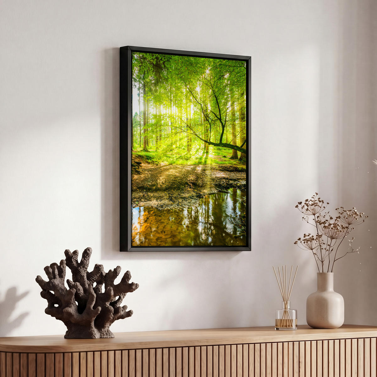 LEINWAND Bilder mit Rahmen - Wald - Landschaft - Wasser - Bäume - Sonne - Grün - Natur - 20x30 - Grün, Textil (20/30cm) - MuchoWow