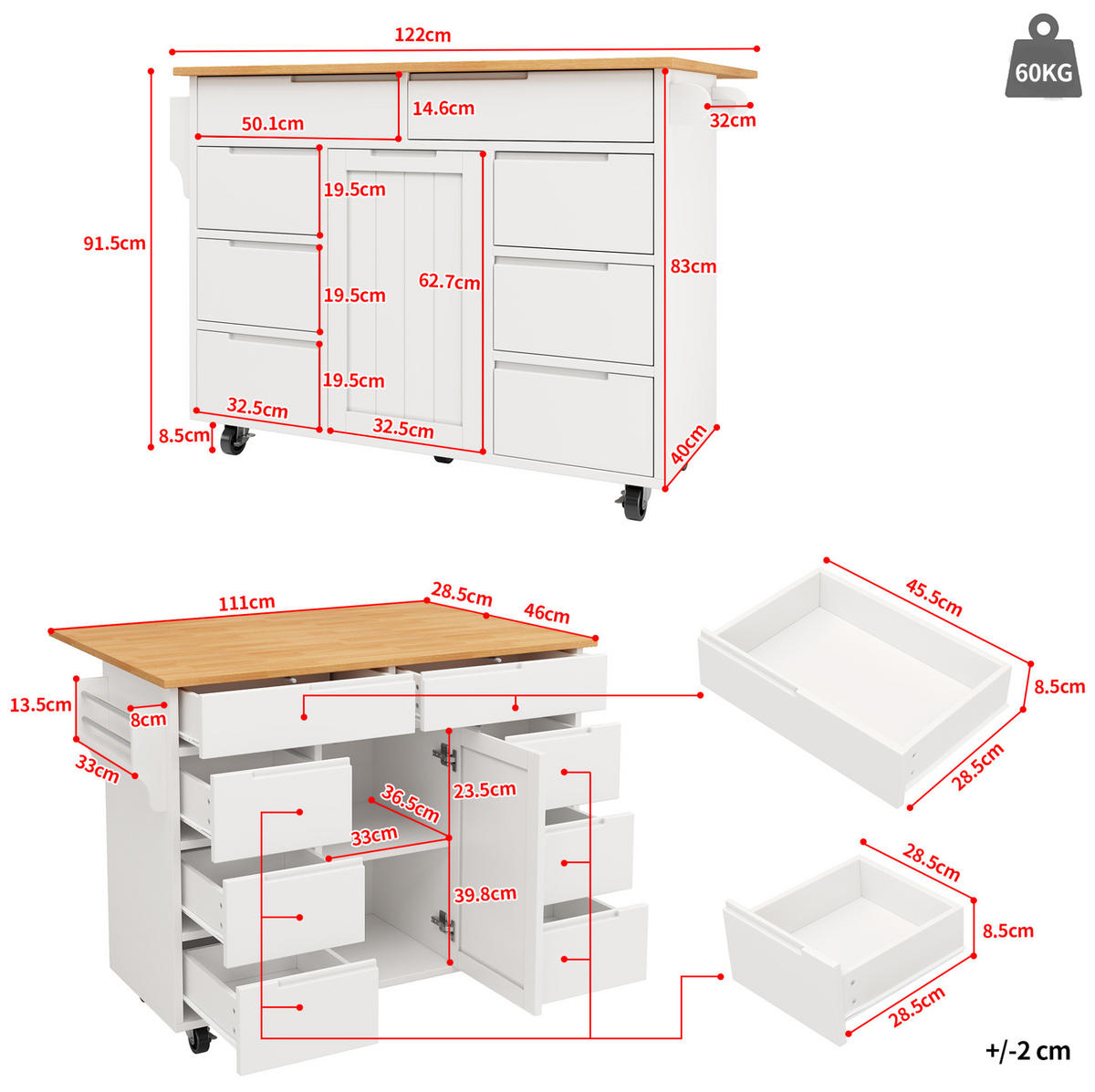 KUHINJSKI voziček 122/46/91,5 cm z zložljivo ploščo, 8 predali, omarico in kolesi iz MDF, Bela - bela, leseni material (122/91.5/74.5cm) - Redom