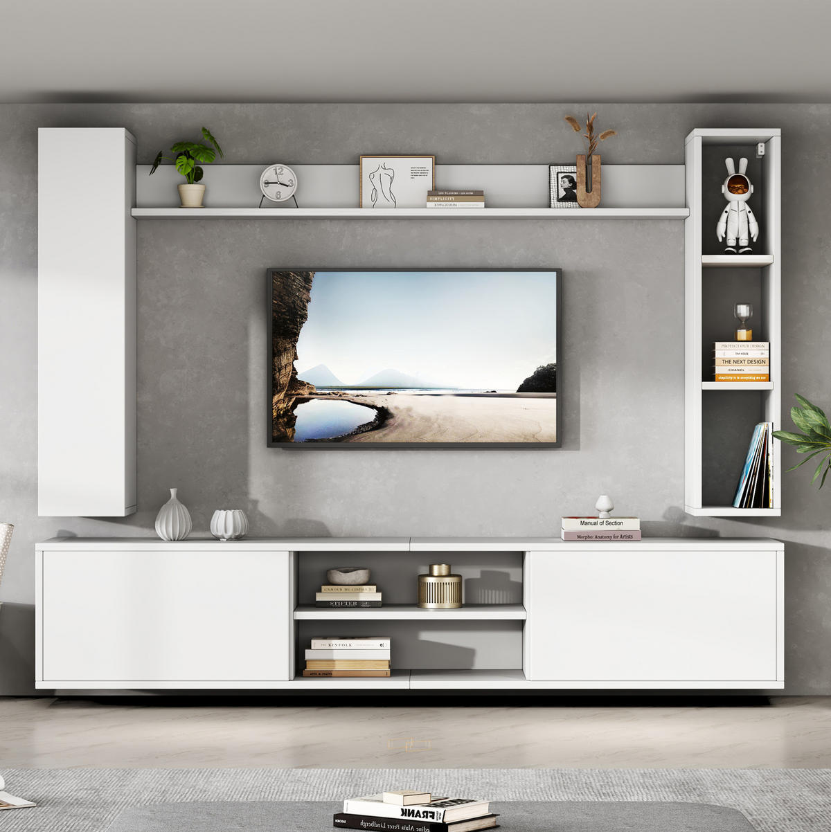 TV nástěnná sestava 180/35/33,5 cm s úložným prostorem, závěsná i volně stojící, Bílá - bílá, kompozitní dřevo (180/33.5/35cm) - Redom