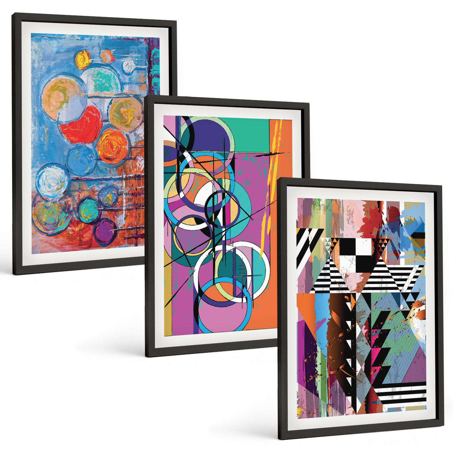 BILDER SET 3er Set - 40x60 cm Schwarzer Rahmen - Bunte abstrakte Kreise Geometrie - Schwarz, Kunststoff (40/60cm) - TULUP