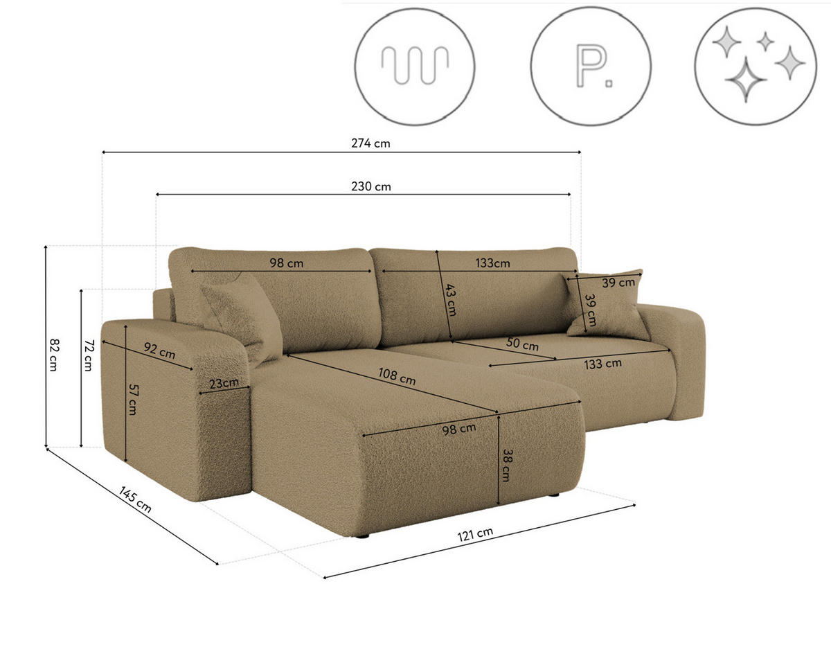 SCHLAFSOFA MILANO XL Und Bettkasten Stoff Quelle Hellbraun Links - Hellbraun, Holz (145/82/274cm) - Kaiser Möbel