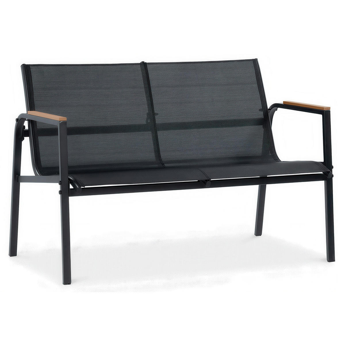 GARTENSET Thaiti, 2-Sitzer-Sofa + 2 Sessel + Couchtisch, Polywood-Armlehnen, Schwarz - Schwarz, Metall - Beautysofa
