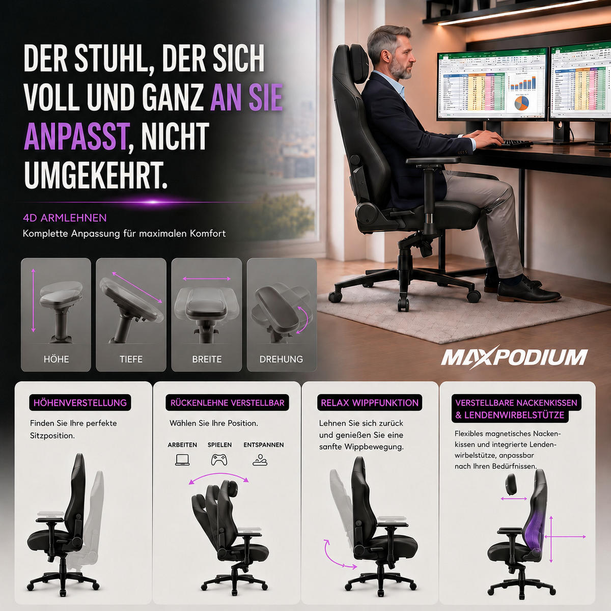 GAMING-BÜROSTUHL Heavy SMI Schwarz - Schwarz, Metall (55/137/49cm) - MaxPodium