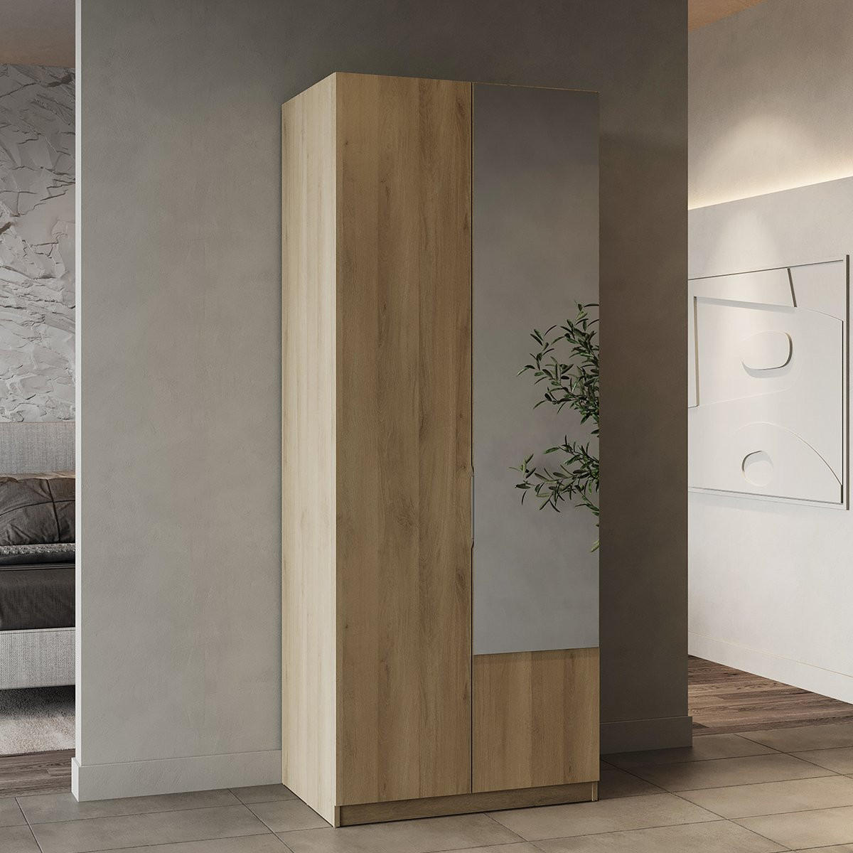 KLEIDERSCHRANK, 2 Türen mit Spiegel - GHOST - Eiche - 79,4 x 51,1 x 203 cm - Beige, Holz (51.1/203/79.4cm) - Demeyere