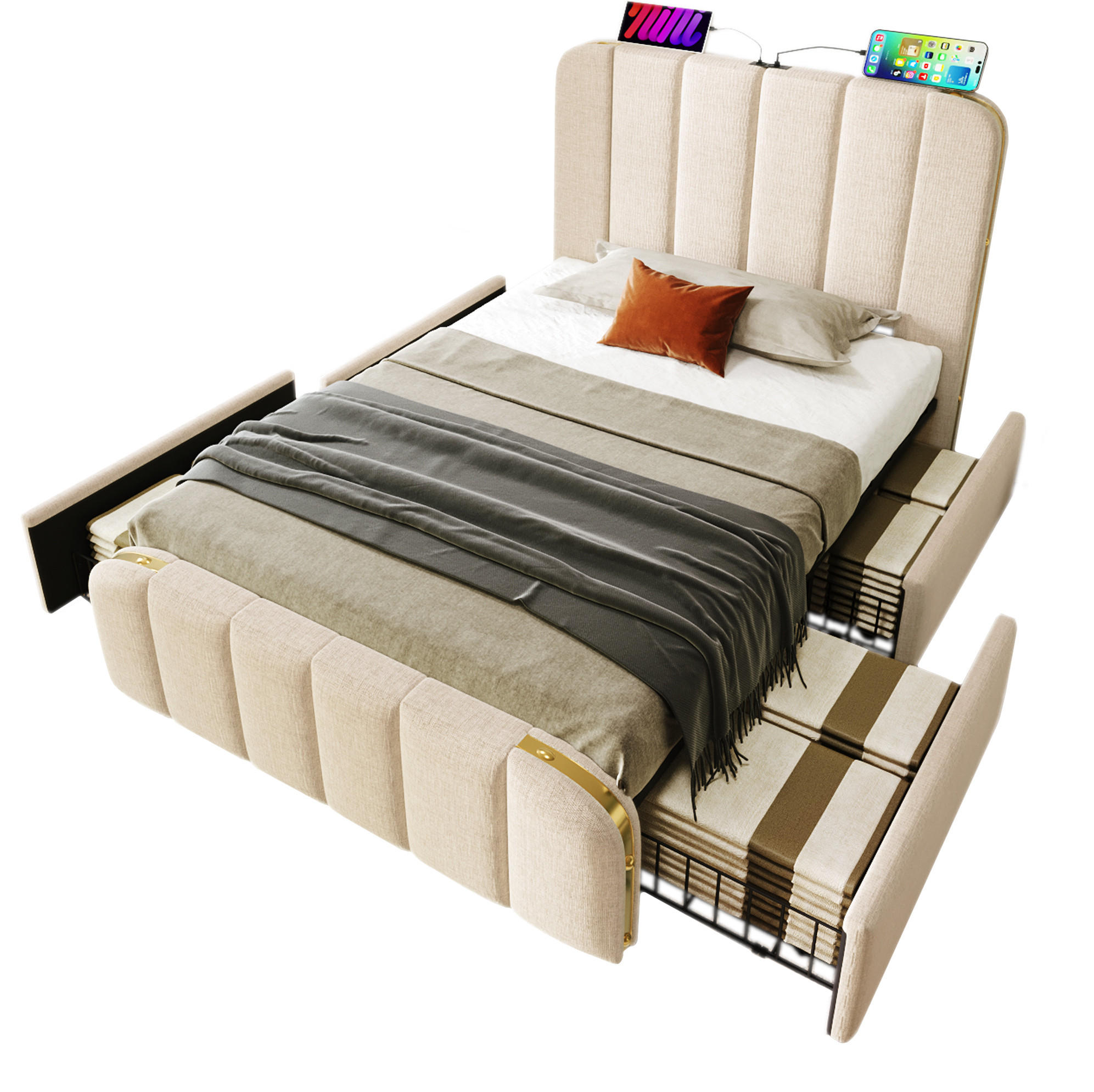 POLSTERBETT 90/200 cm Beige aus Leinen mit Matratze und 4 Schubladen - Beige, Textil (90/200cm) - OKMYHOME