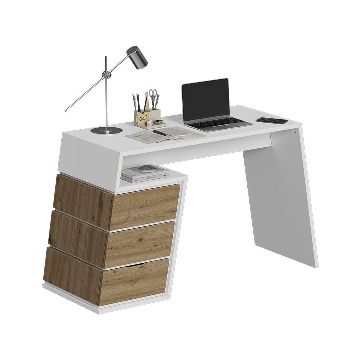 SCHREIBTISCH Okaro Weiß/Eiche 105 x 50 cm mit 3 Schubladen - Eichefarben/Weiß, Holzwerkstoff (50/105/75cm) - Vicco