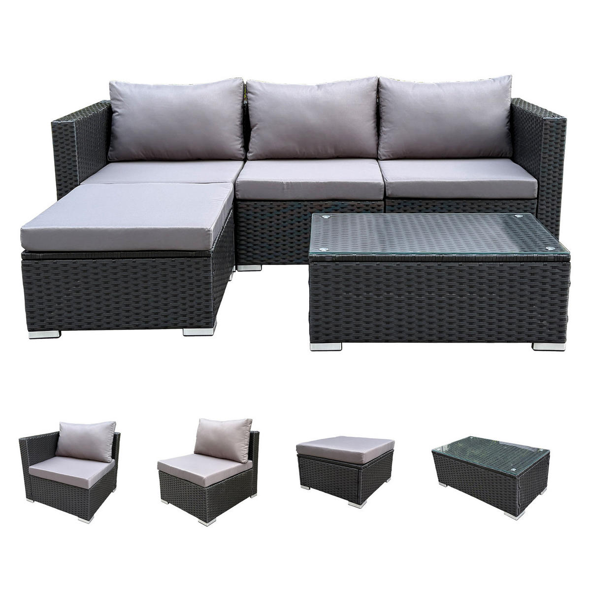 GARTENLOUNGE Queens Polyrattan Schwarz - Schwarz/Grau, Kunststoff - SVITA