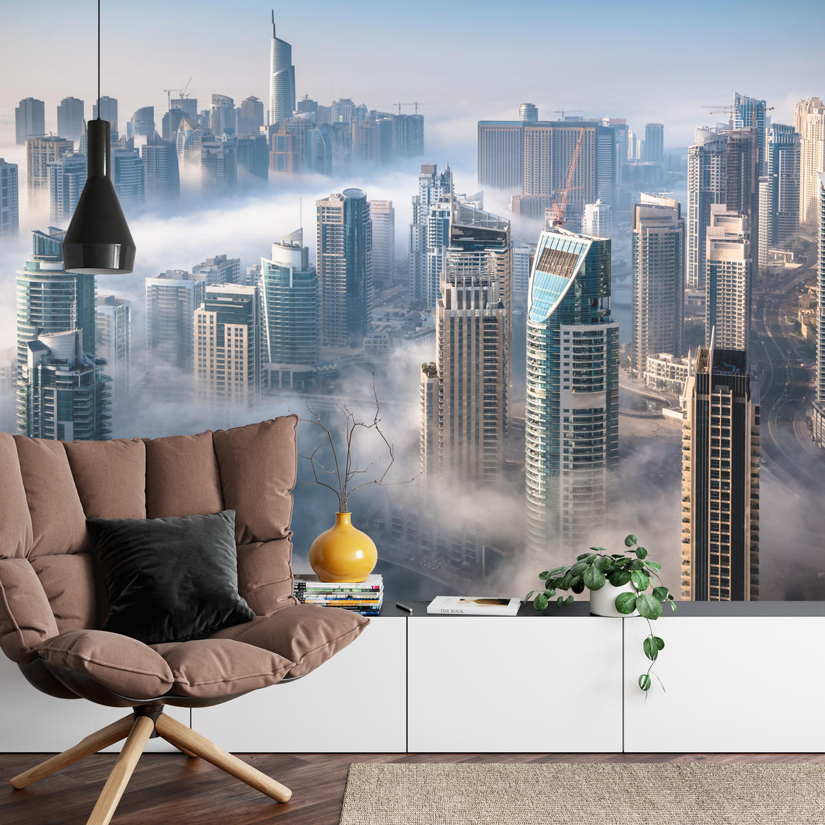 FOTOTAPETE für Büro Dubai Nebel Wolkenkratzer Skyline Panorama 500x350 - Blau/Beige, Papier (500/350cm) - Muralo
