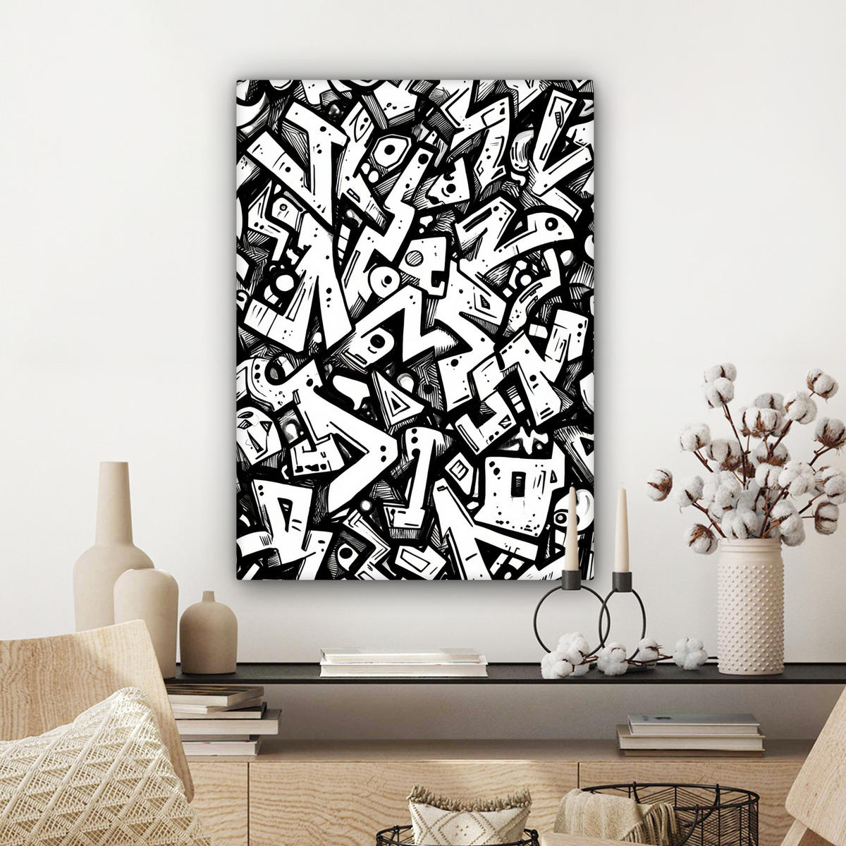 LEINWANDBILD Formen - Buchstaben - Graffiti - Schwarz Wandbild Wohnzimmer 60x80 cm - Schwarz, Textil (60/80cm) - MuchoWow