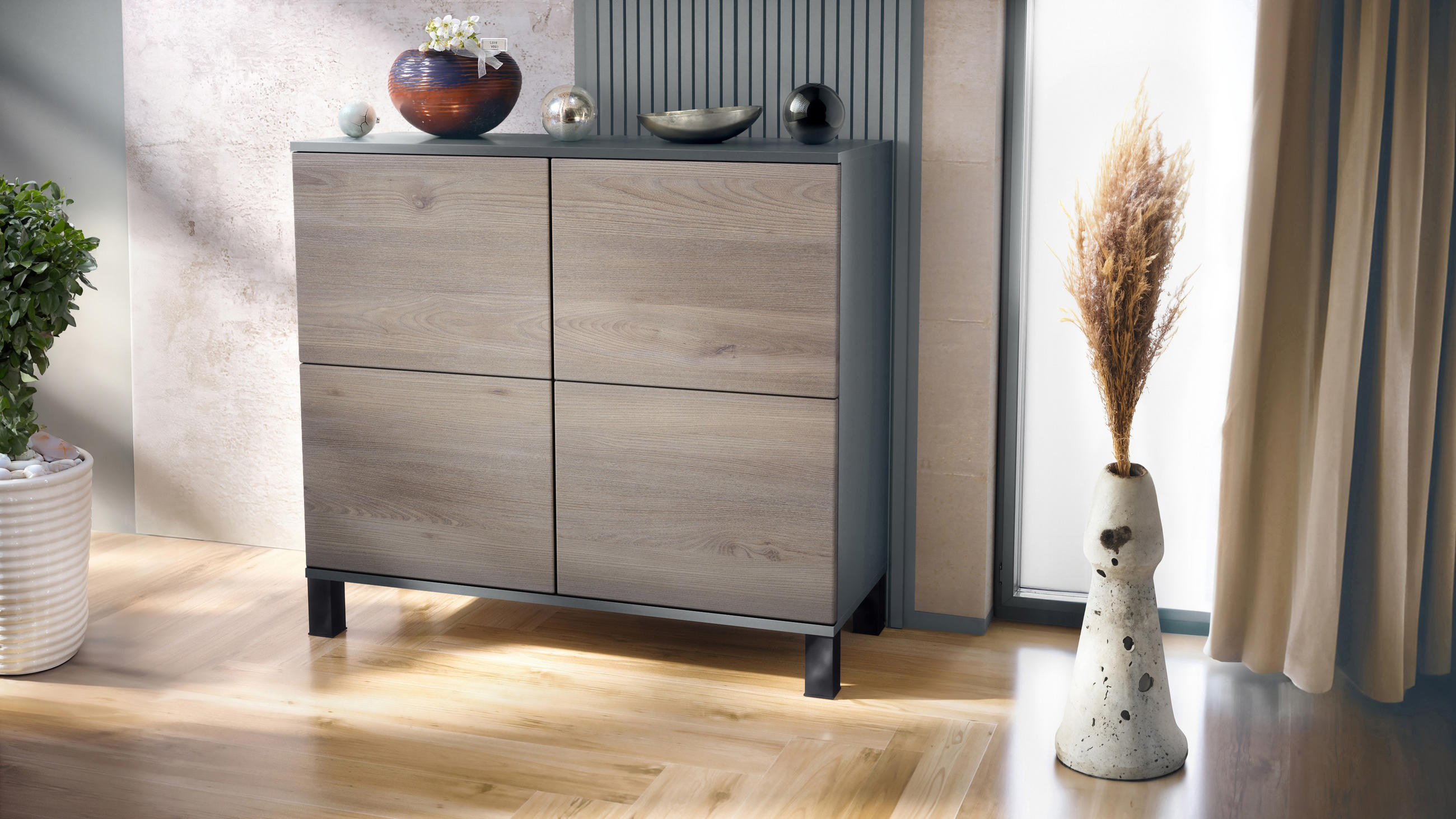 KOMMODE Rova Eiche Nordic - Silbereichenfarben, Holzwerkstoff (92.5/84.5/35cm) - Vladon