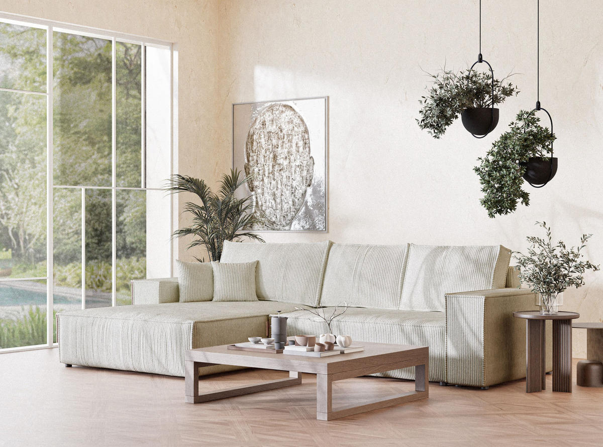 ECKSOFA MIT SCHLAFFUNKTION Maze Creme Samtstoff - Creme/Schwarz, Holz/Holzwerkstoff (294/185cm) - Maison de Reve