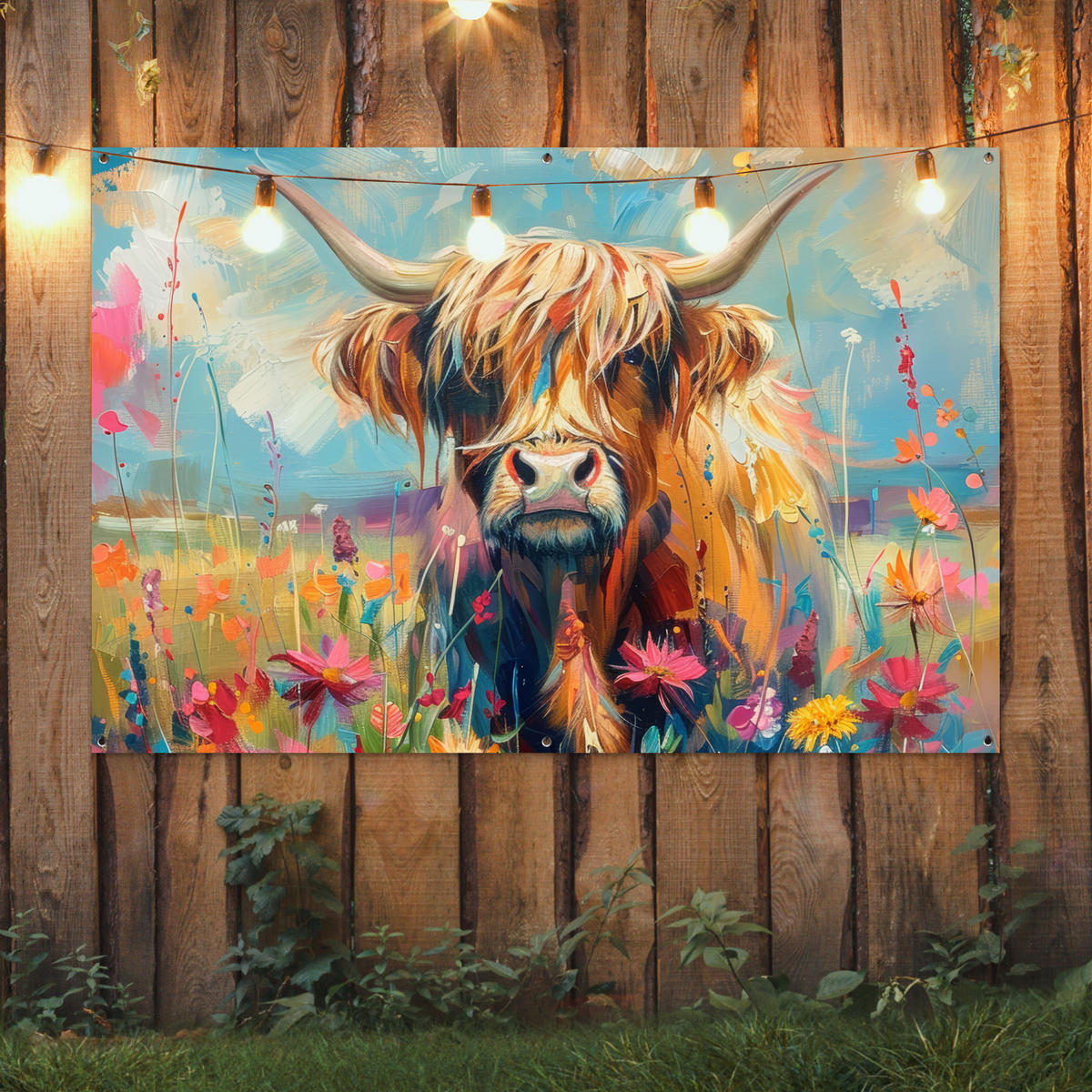ZAHRADNÍ PLAKÁT Skotský horal - Příroda - Barevné - Květiny 180x120 cm - světle modrá, plast (180/120/0.2cm) - OnlyWow