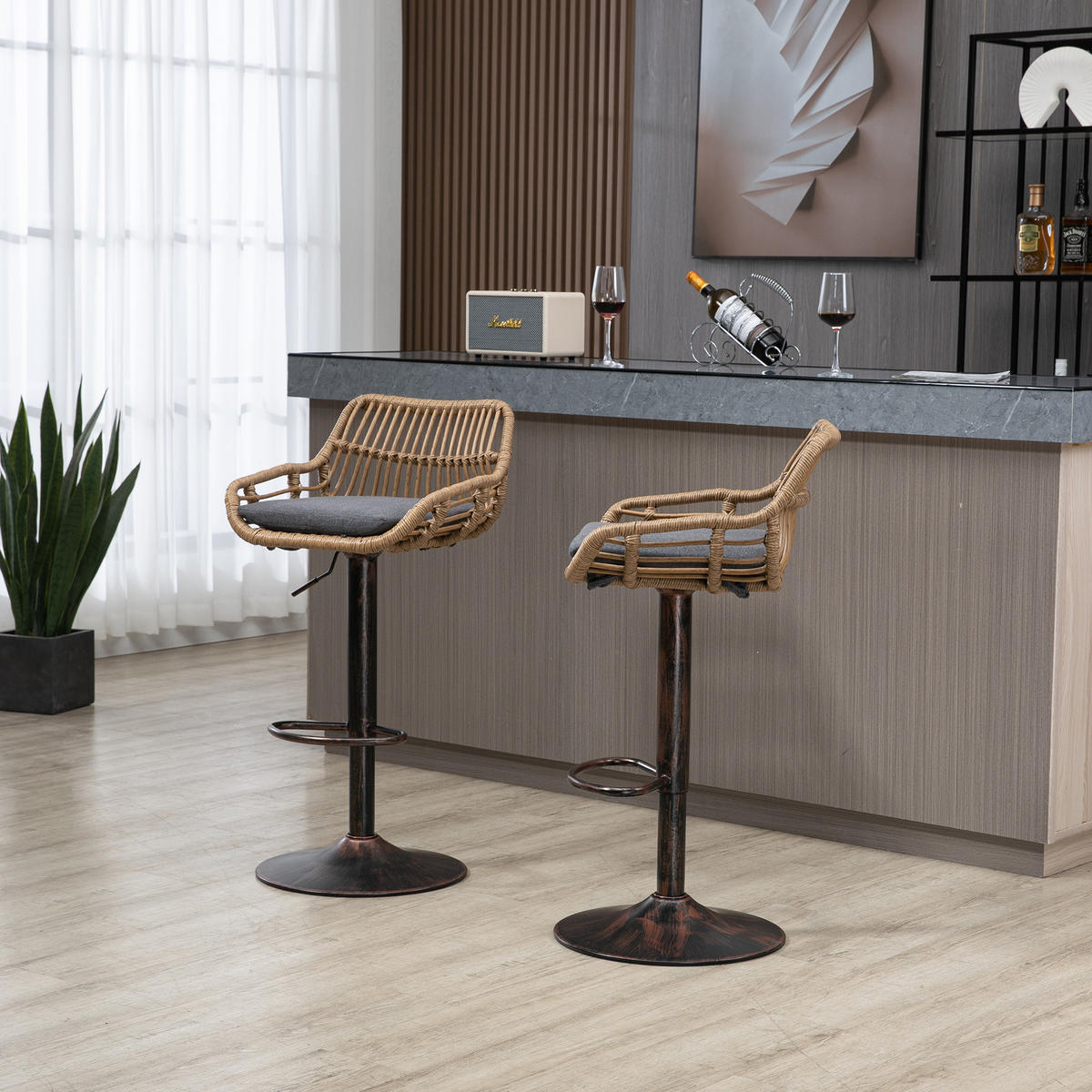 BARHOCKER 2er-Set drehbar mit Rattan und Höhenverstellung, Grau - Grau, Textil (49/89/48cm)