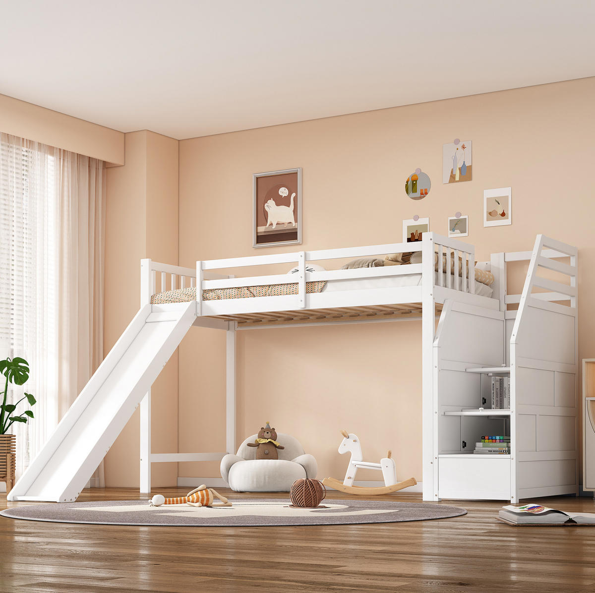 HOCHBETT aus Kiefernholz und MDF 90x200 cm Weiß mit Rutsche und Stauraumtreppe - Weiß, Holzwerkstoff (90/200cm) - IVMEU