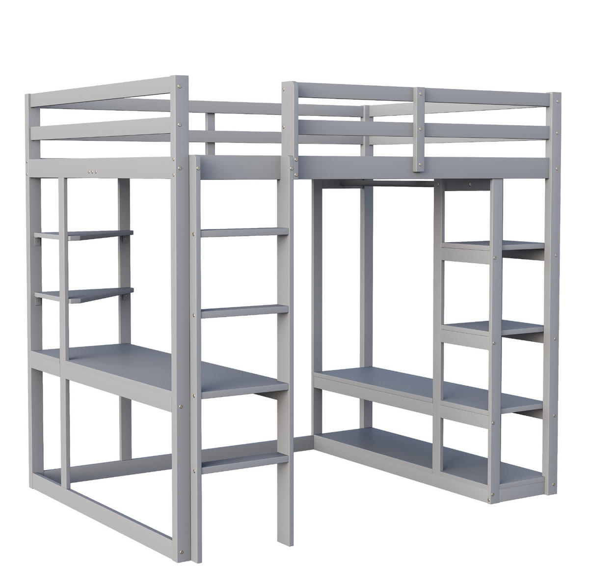 HOCHBETT 140/200 cm Grau aus Massivholz mit Schreibtisch und Regal - Grau, Holz (140/200cm) - OKMYHOME