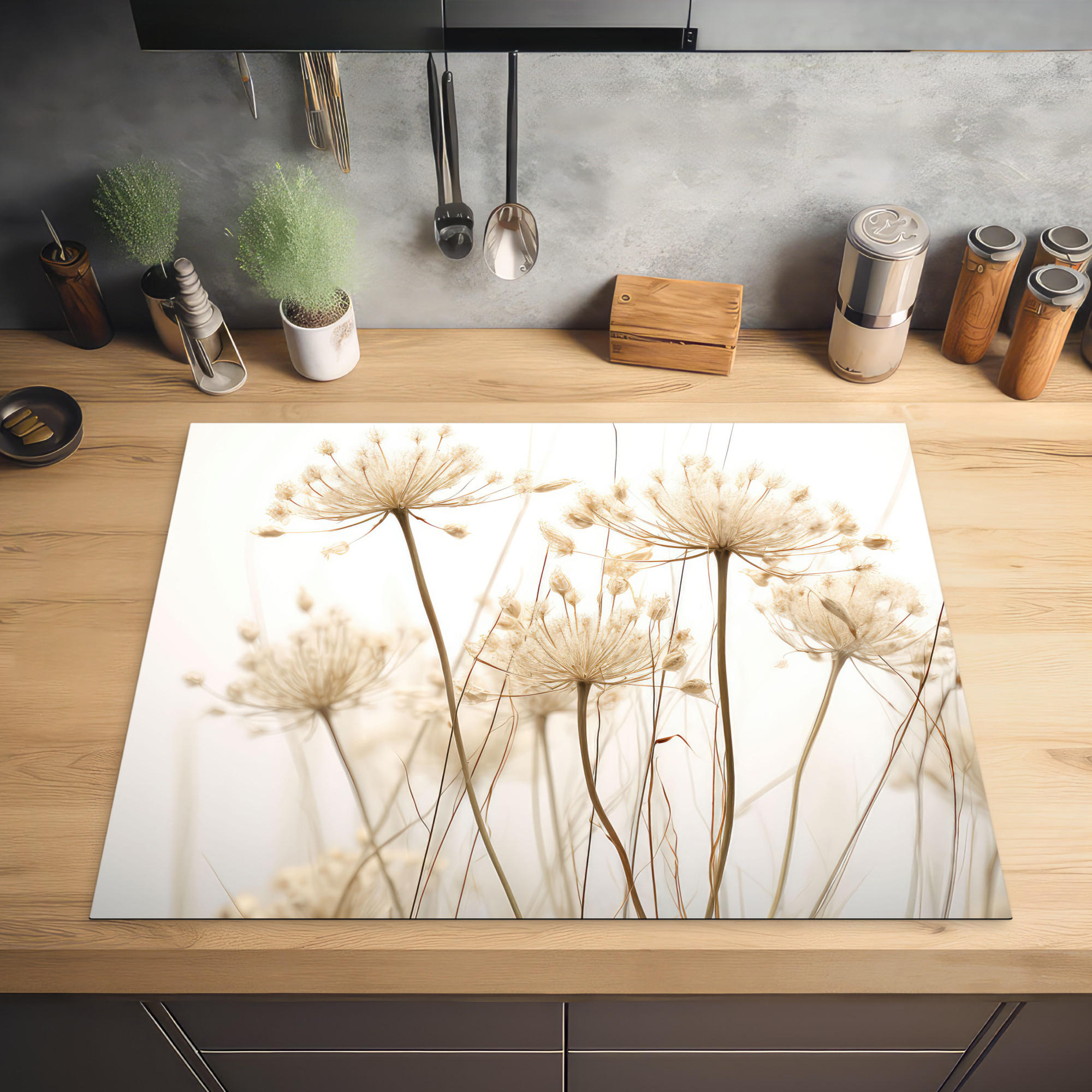 HERDABDECKPLATTE Blumen - Weiß - Sonnenlicht 77x59 cm - Ecru, Kunststoff (77/0.2/59cm) - MuchoWow