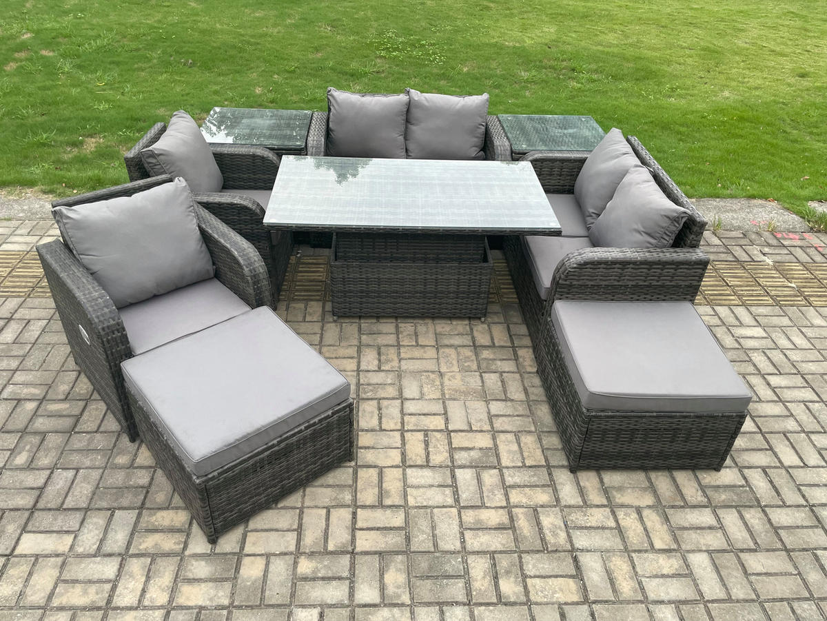 GARTENSOFA SET Polyrattan Dunkelgrau 8-Sitzer - Dunkelgrau/Grau, Metall - Fimous