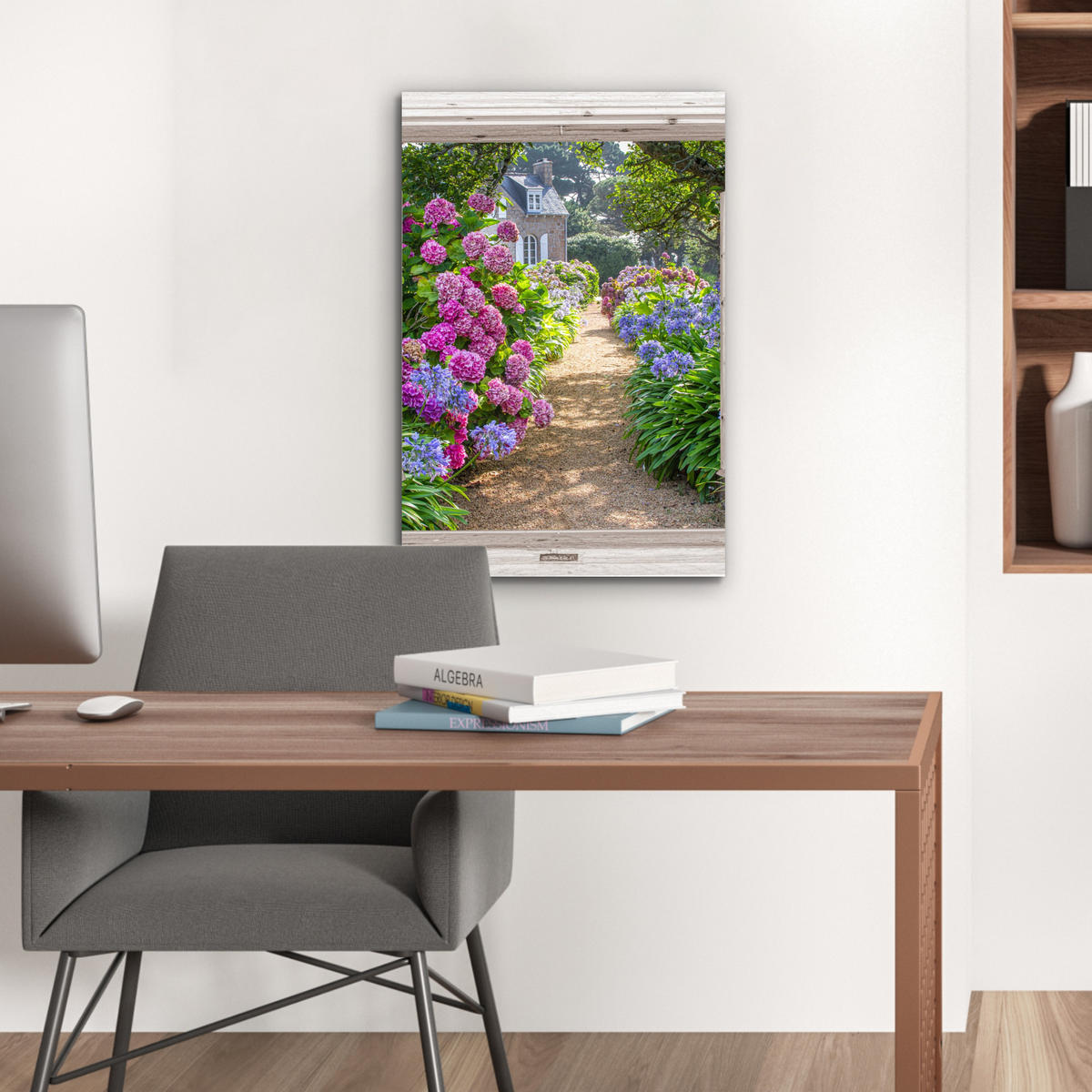 METALLBILD Hortensie - Fensterblick - Blumen - Sommer - Lila - Weg 40x60 cm - Lila, Metall (40/60cm) - MuchoWow