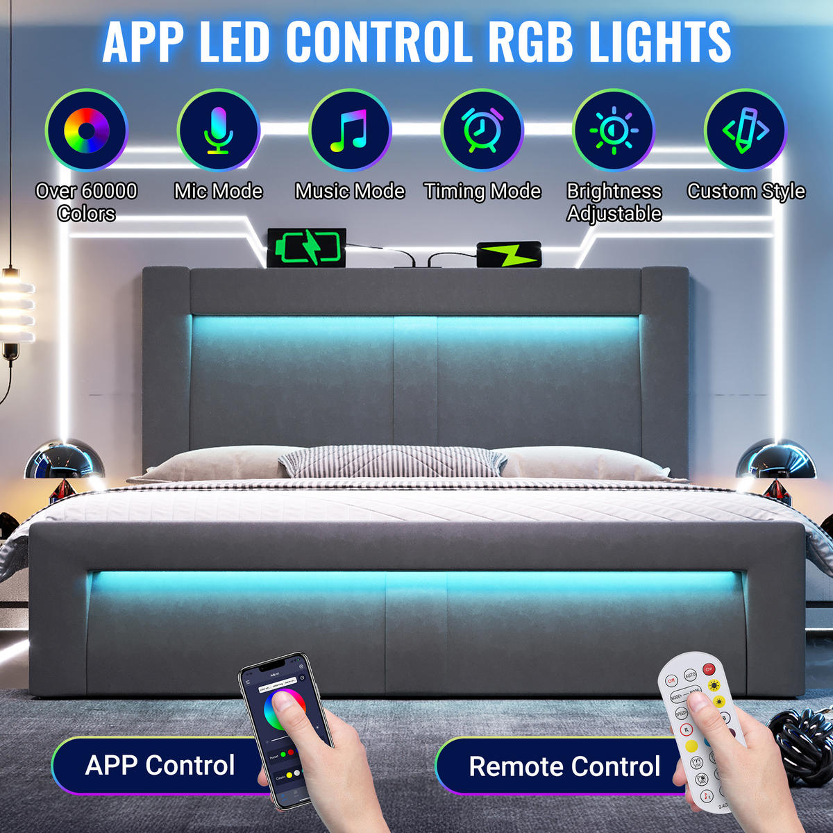POLSTERBETT 160x200 Grau Samt LED App USB Stauraum - Grau, Textil (160/200cm) - FLIEKS