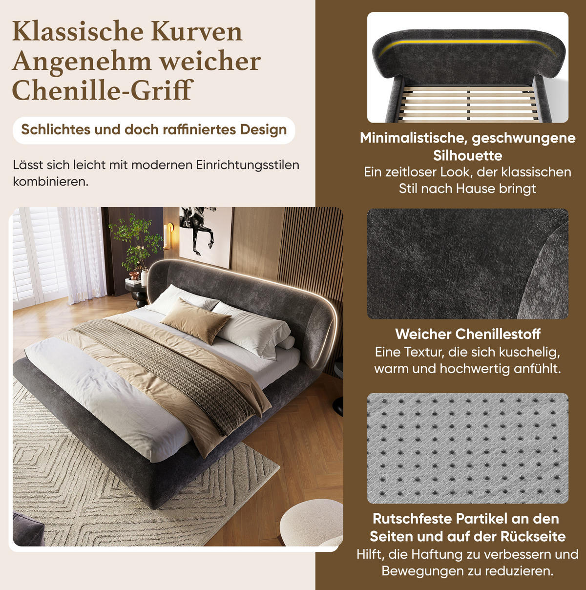 POLSTERBETT aus Chenille 180x200 cm Grau mit Lattenrost und gepolstertem Kopfteil - Grau, Textil (180/200cm) - Modfu