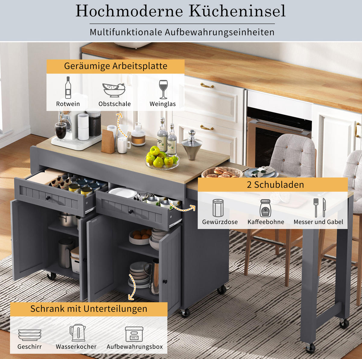KÜCHENINSEL 112-180,5/45/92,2 cm grau/natur mit Ausziehplatte & Rollen - Grau, Holzwerkstoff (180.5/92.2/45cm) - OKWISH