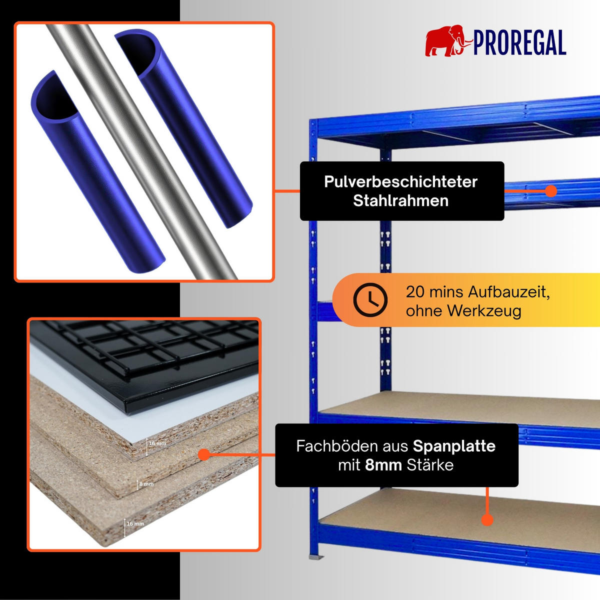 SCHWERLASTREGAL Rhino 180x200x60 cm 5 Spanplatten-Ebenen 8mm Fachlast 500 kg Blau - Blau, Metall (200/180/60cm) - PROREGAL