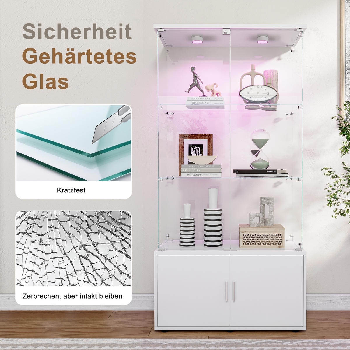 GLASVITRINE 4 Türen 6 Einlegeböden LED Touch weiß - Weiß, Holz (78.5/164/35cm) - LEBENLANG