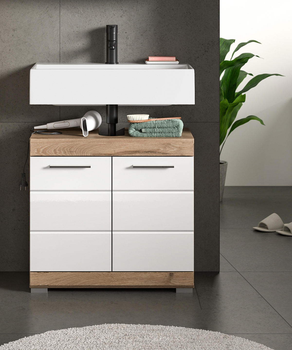 WASCHBECKENUNTERSCHRANK weiß Hochglanz, Eiche 60 cm, 2-türig - Chromfarben/Weiß Hochglanz, Holzwerkstoff/Kunststoff (60/56/31cm) - Inn.Furn