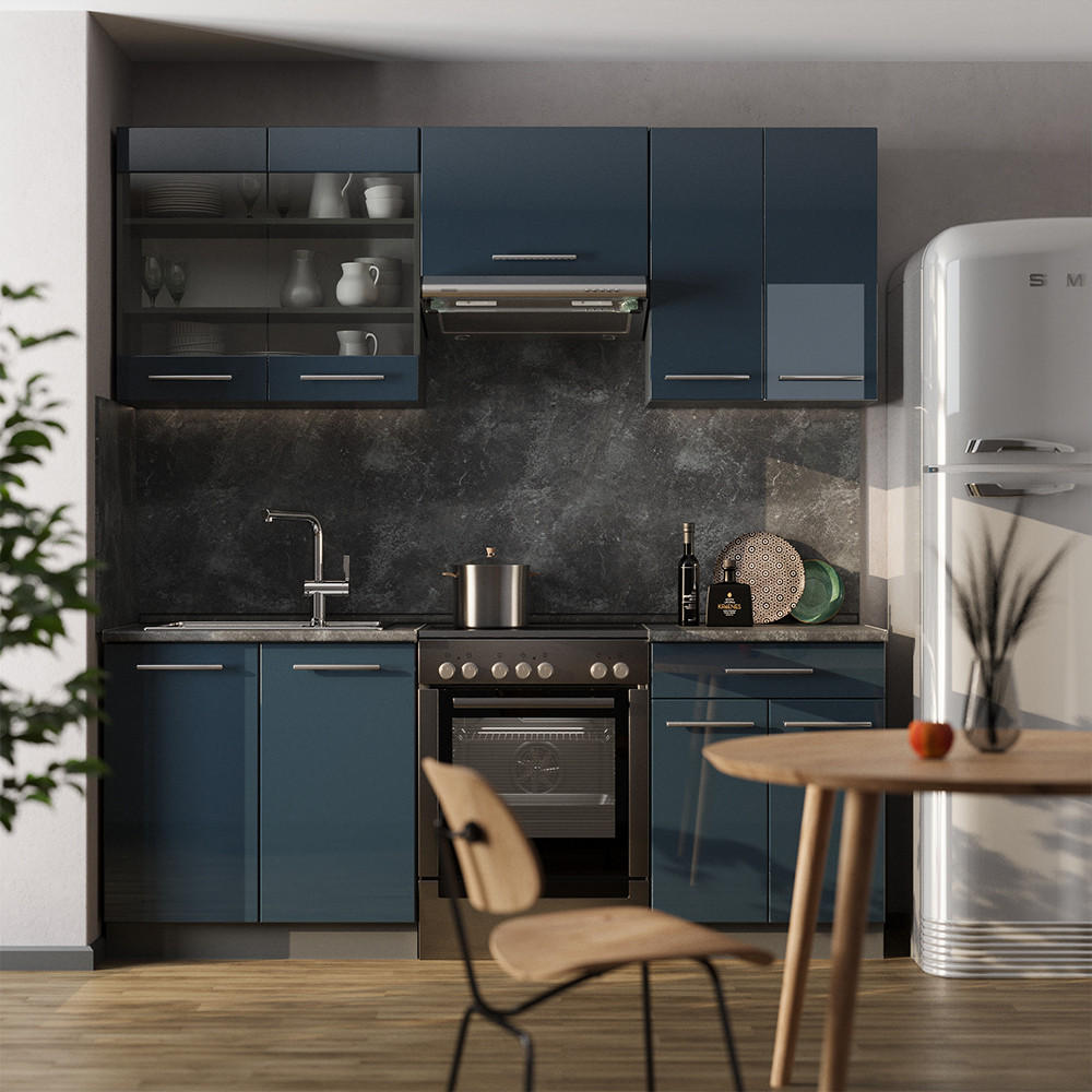 KÜCHENZEILE Fame-Line Dunkelblau Hochglanz/Anthrazit 200 cm AP Marmor - Anthrazit/Dunkelblau, Holzwerkstoff (200/81.6/60cm) - Vicco