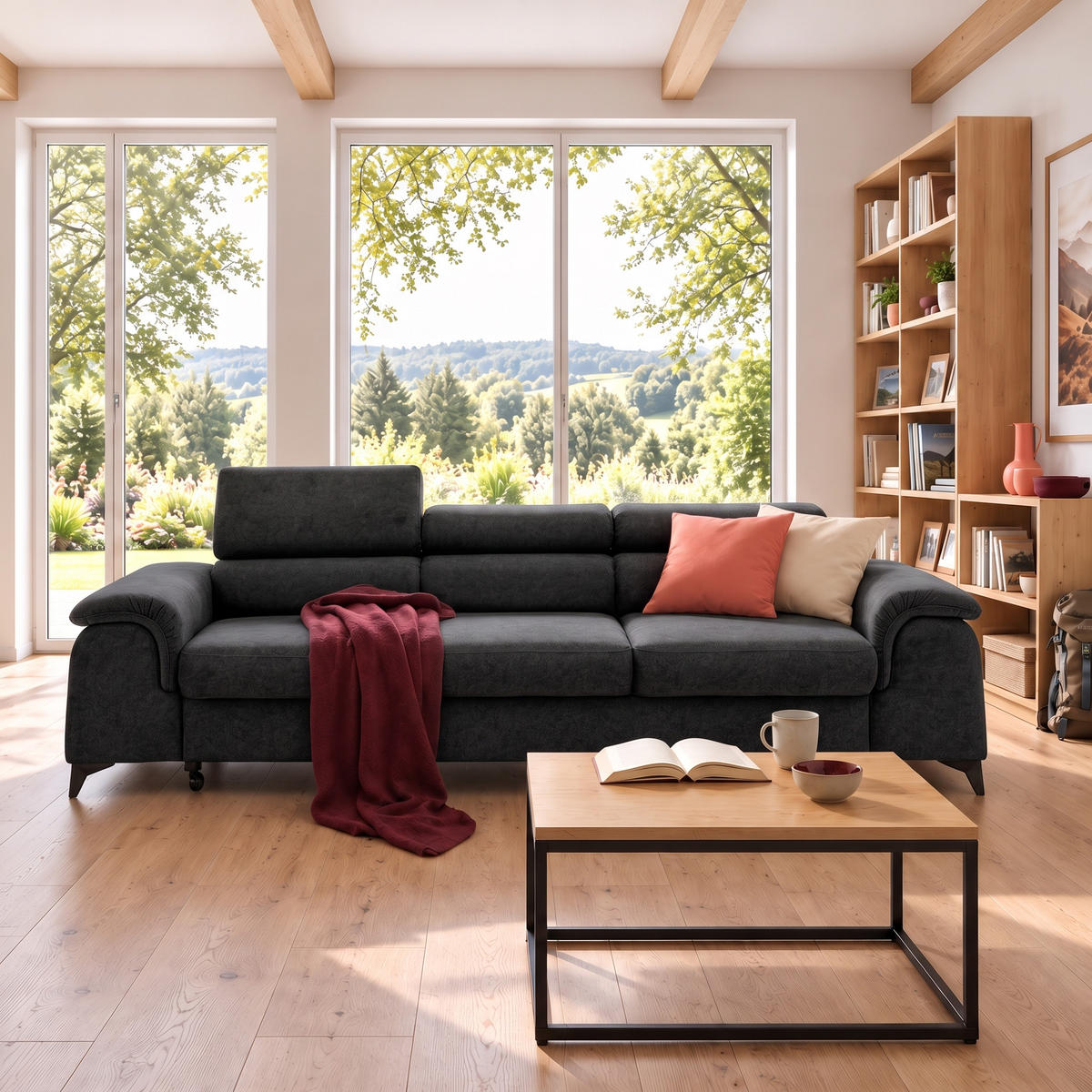 3-SITZER Sofa PLAZA mit Schlaffunktion 127x195 Velours Dunkelgrau - Dunkelgrau/Schwarz, Holz/Textil (260/90/100cm) - Muffo